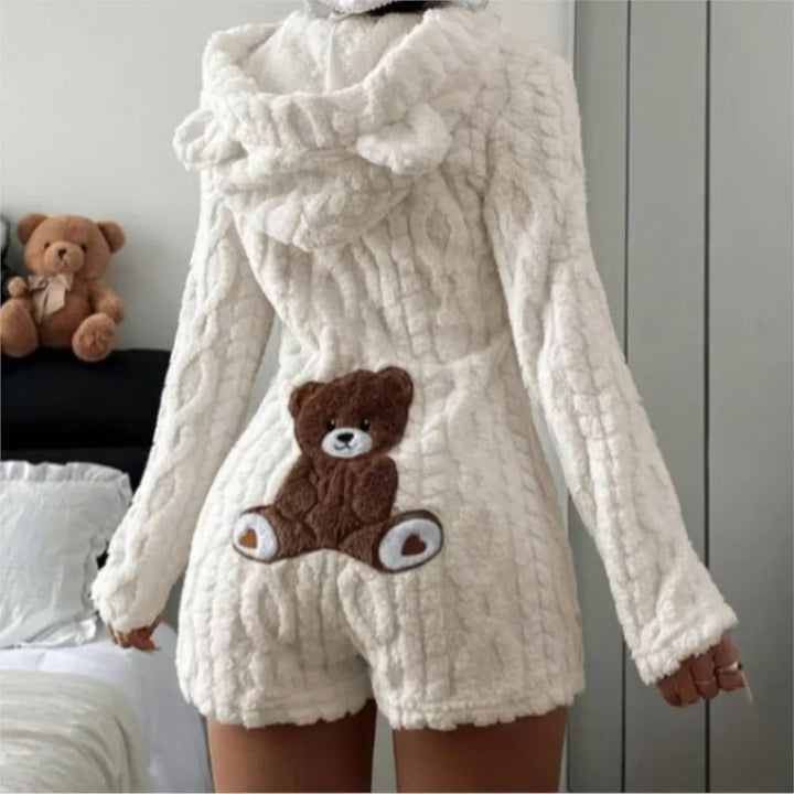 Fleece Romper with Long Sleeves Plush Hooded Design and Bear Ears