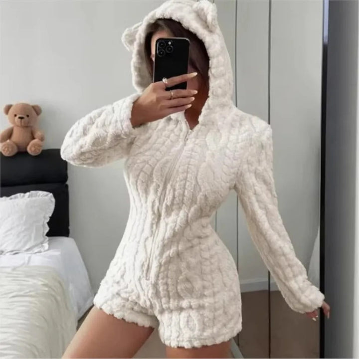 Fleece Romper with Long Sleeves Plush Hooded Design and Bear Ears