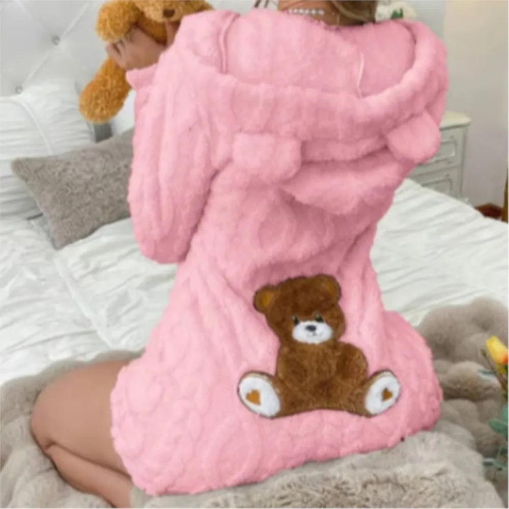 Fleece Romper with Long Sleeves Plush Hooded Design and Bear Ears