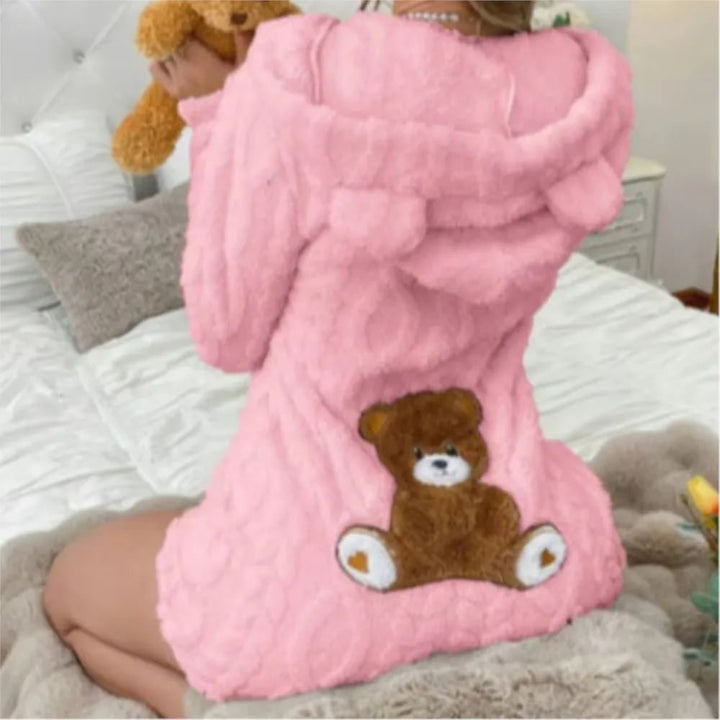 Fleece Romper with Long Sleeves Plush Hooded Design and Bear Ears