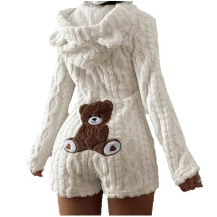 Fleece Romper with Long Sleeves Plush Hooded Design and Bear Ears