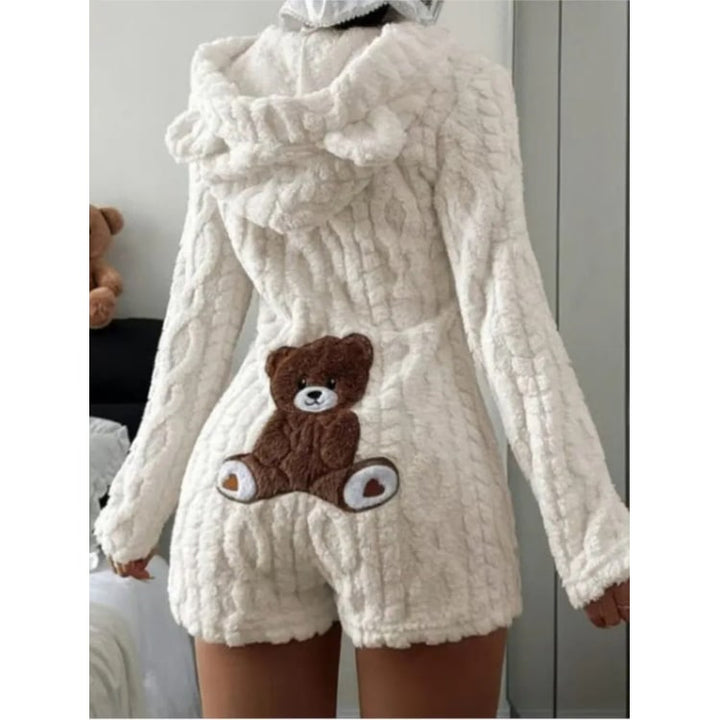 Fleece Romper with Long Sleeves Plush Hooded Design and Bear Ears