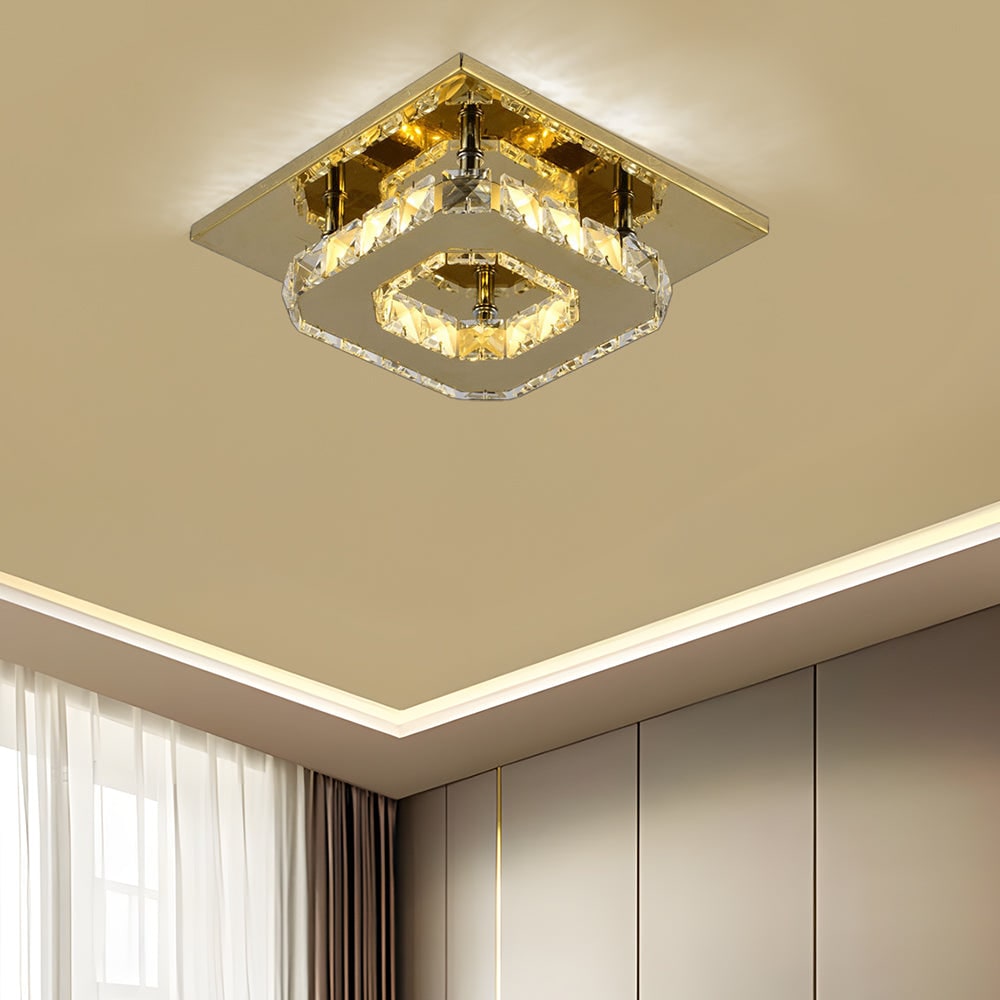 Flush Mount LED Ceiling Light with Crystal and Square Design for Bedroom Fixtures