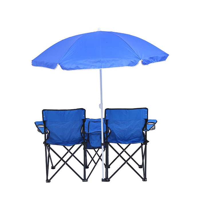 Foldable Double Collapsible Camping Chair with Center Cooler Umbrella and Cup Holders