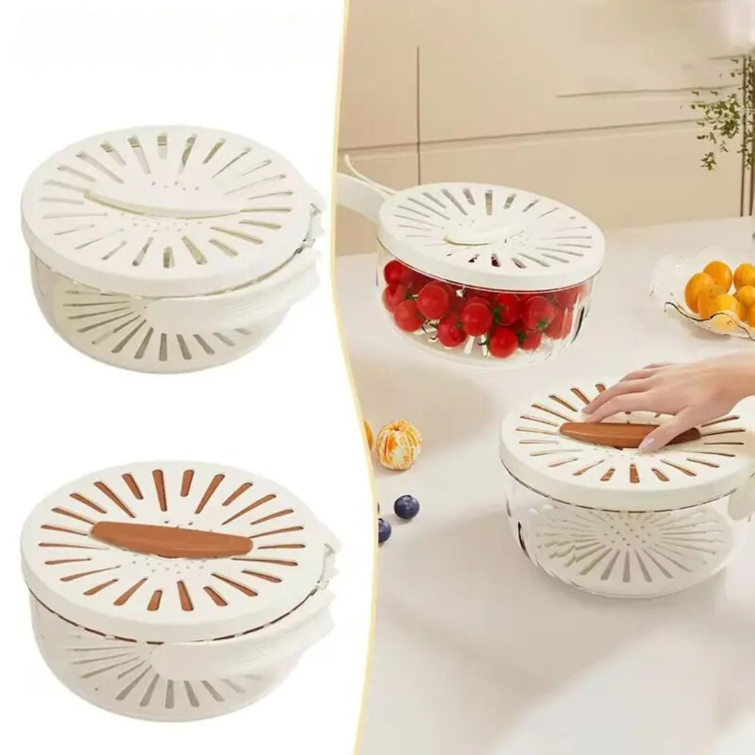 Food Storage Container with Removable Colander Ventilated Lid and Folding Handle for Produce