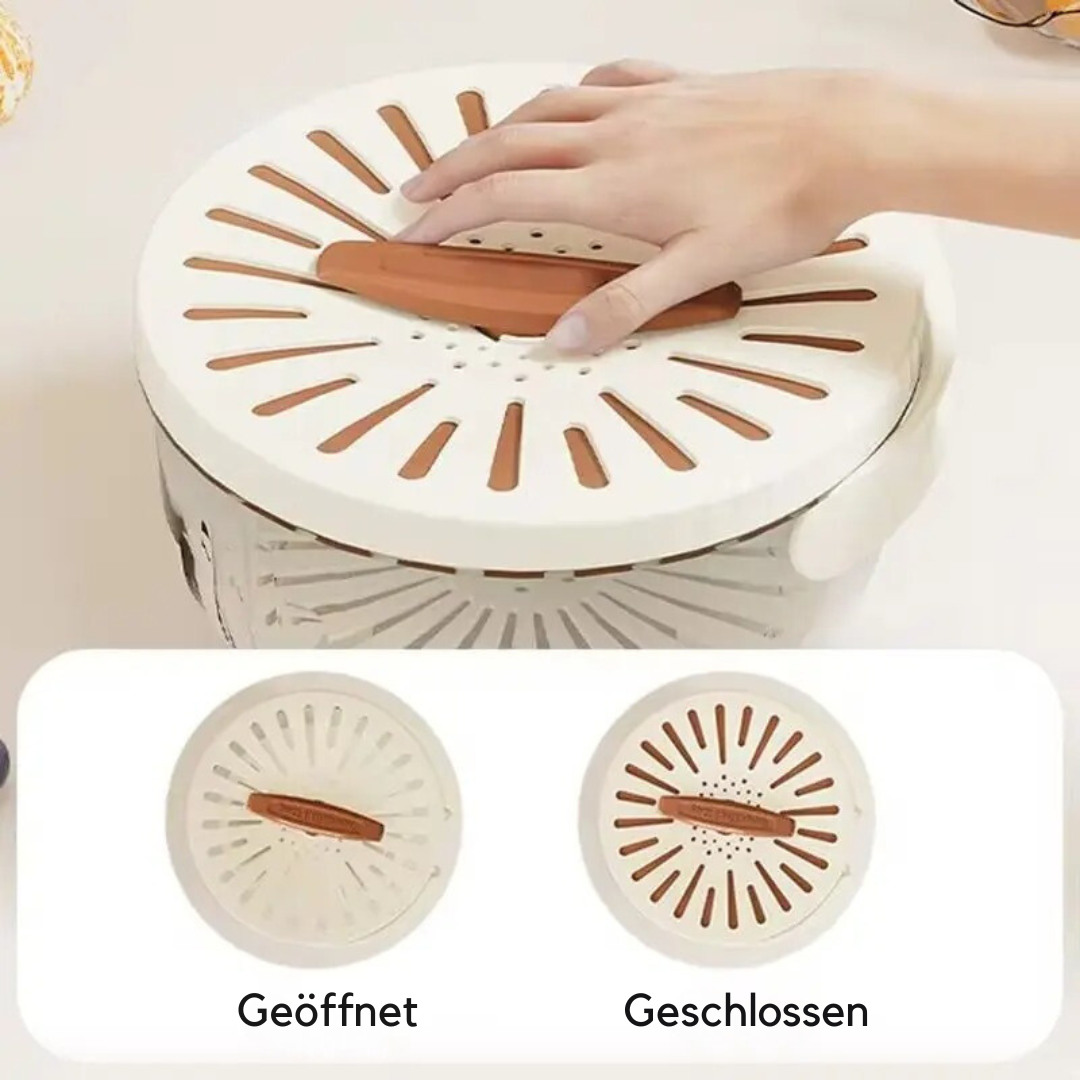 Food Storage Container with Removable Colander Ventilated Lid and Folding Handle for Produce