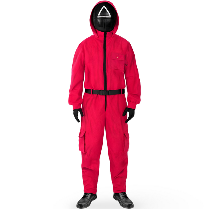 Halloween Costume Red Jumpsuit with Hooded and Belt for Cosplay Party Dress-Up