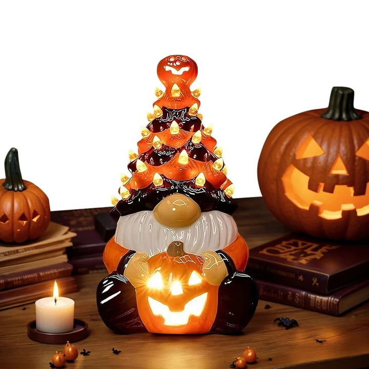 Halloween Decor Ceramic Gnome Tree with LED Lights Battery Operated Tabletop Figurine