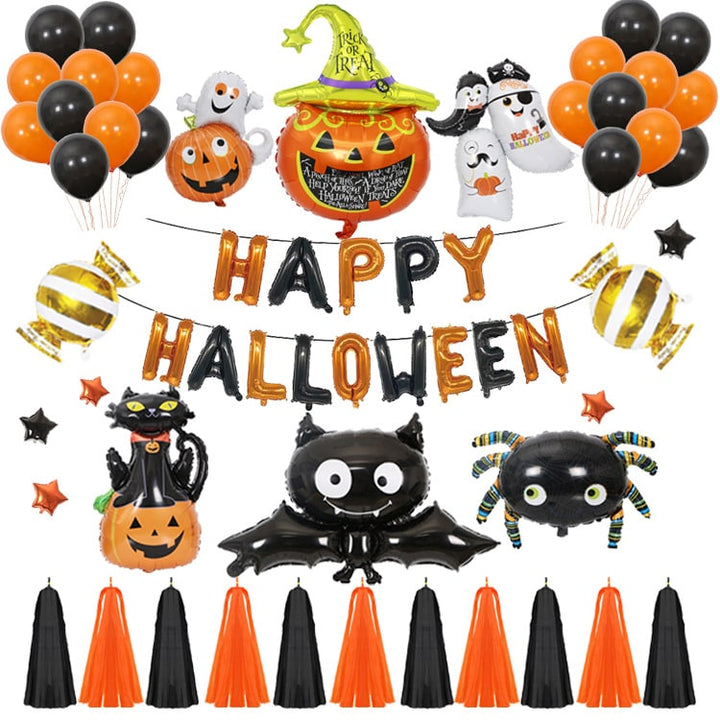 Halloween Party Balloons with Foil Letter Bat Pumpkin and Spider Decorations Kit