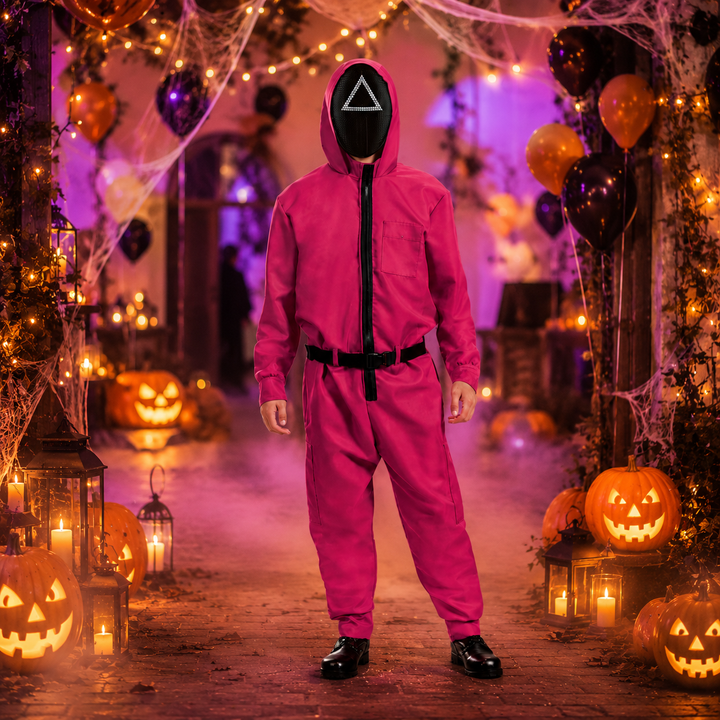 Halloween Pink Jumpsuit Costume with Mask and Belt for Party