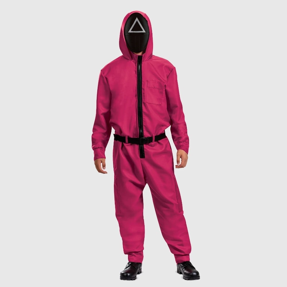 Halloween Pink Jumpsuit Costume with Mask and Belt for Party
