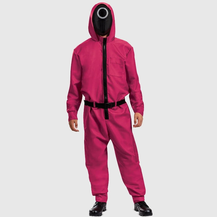 Halloween Pink Jumpsuit Costume with Mask and Belt for Party