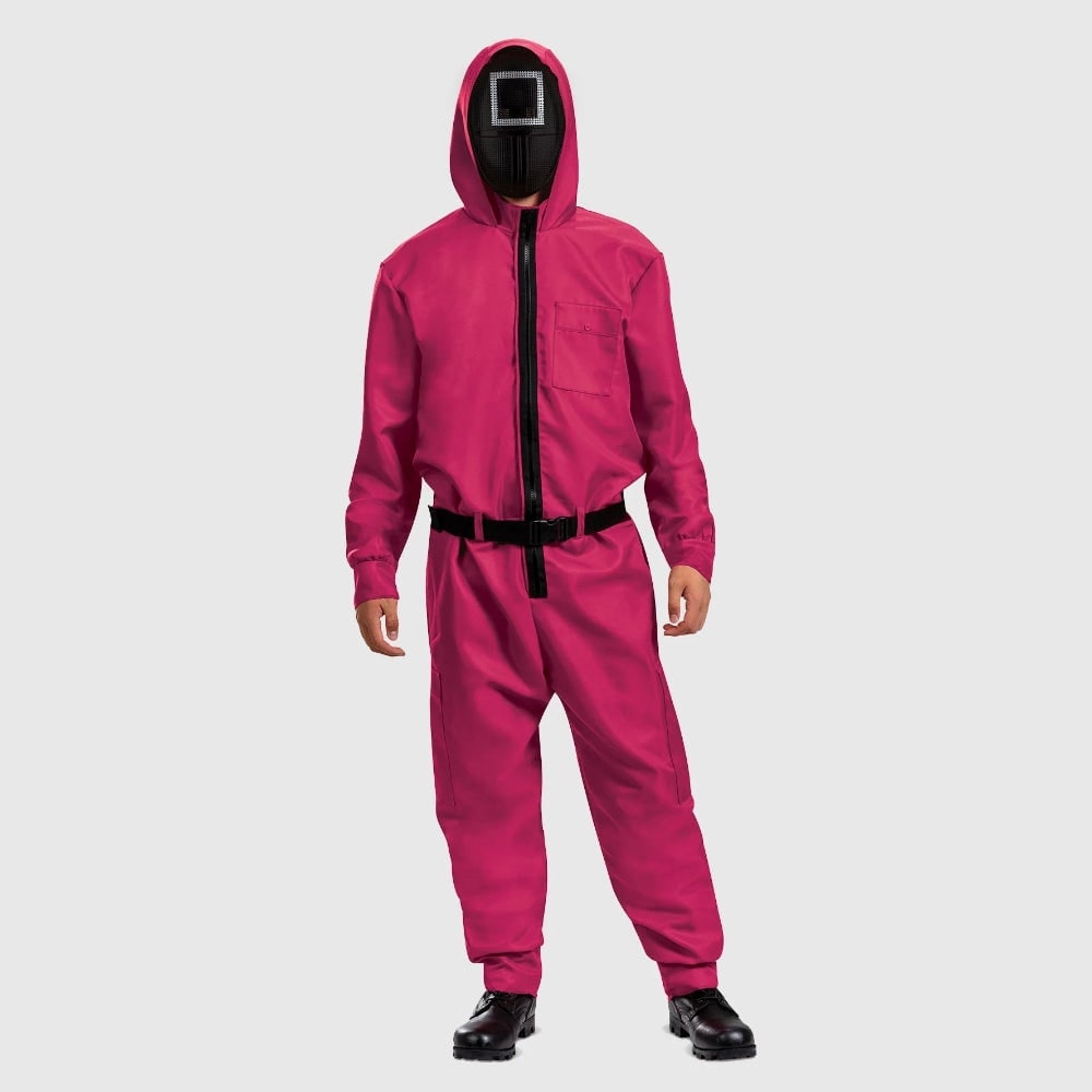 Halloween Pink Jumpsuit Costume with Mask and Belt for Party