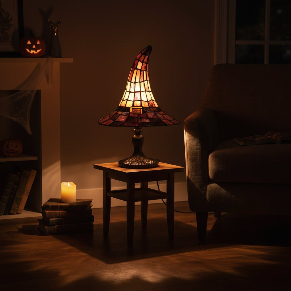 Halloween Witch Hat Stained Glass Table Lamp with Warm Glow Bedside Set of 2