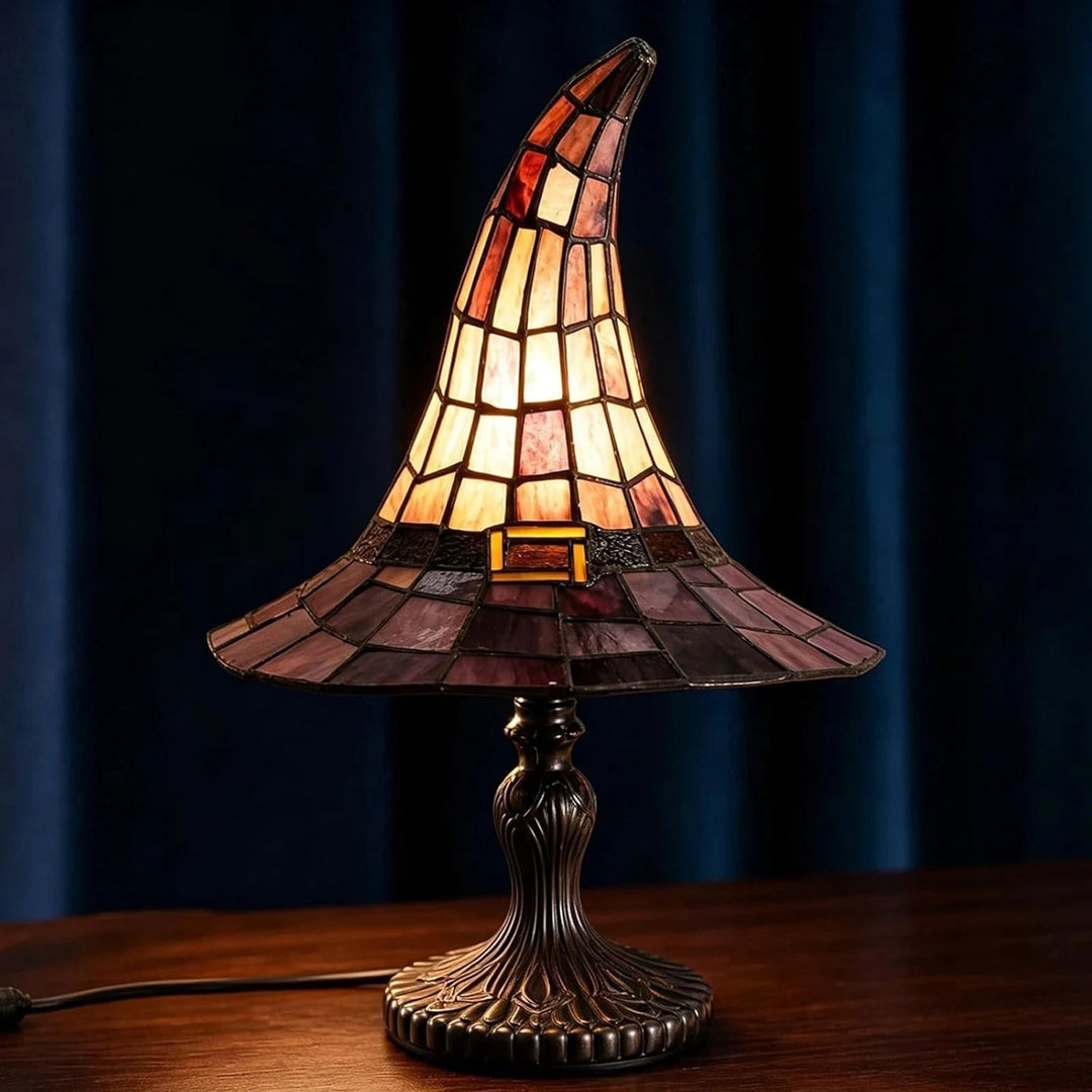 Halloween Witch Hat Stained Glass Table Lamp with USB Power and Warm Glow Bedside Light