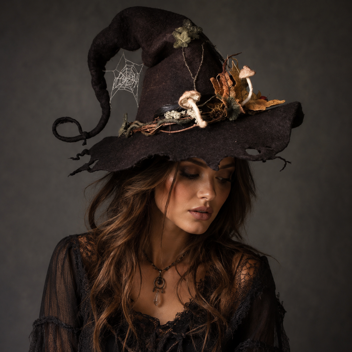 Halloween Witch Hat with Decorated Forest Elements and Whimsical Curled Tip Witches