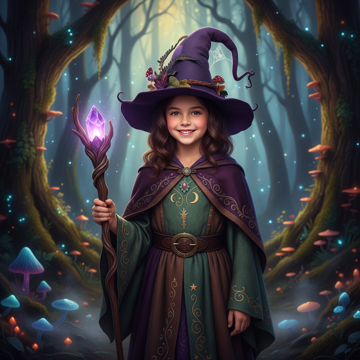 Halloween Witch Hat with Decorated Forest Elements and Whimsical Curled Tip Witches