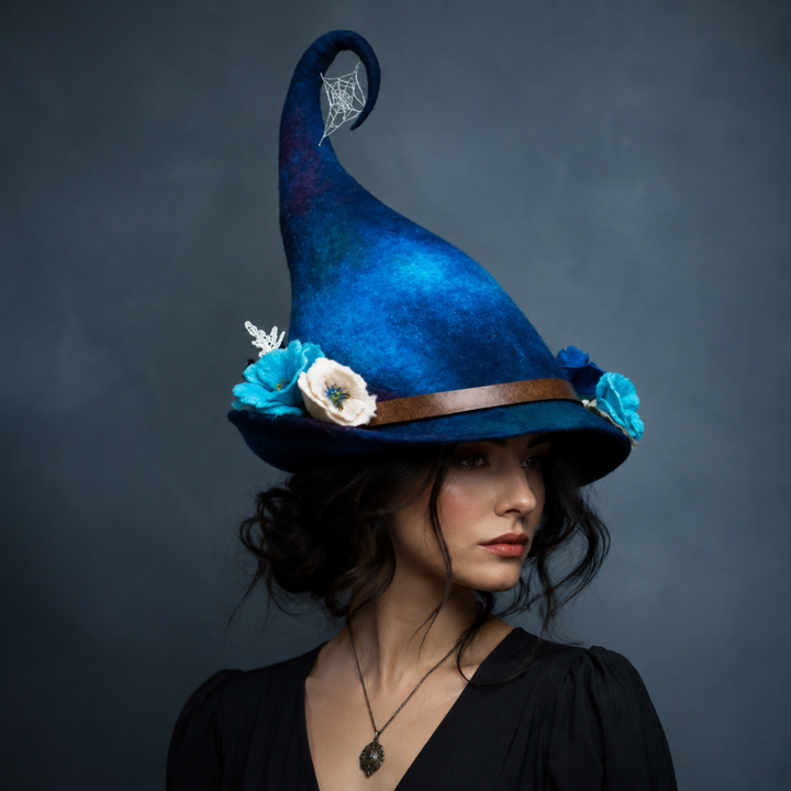 Halloween Witch Hat with Decorated Forest Elements and Whimsical Curled Tip Witches