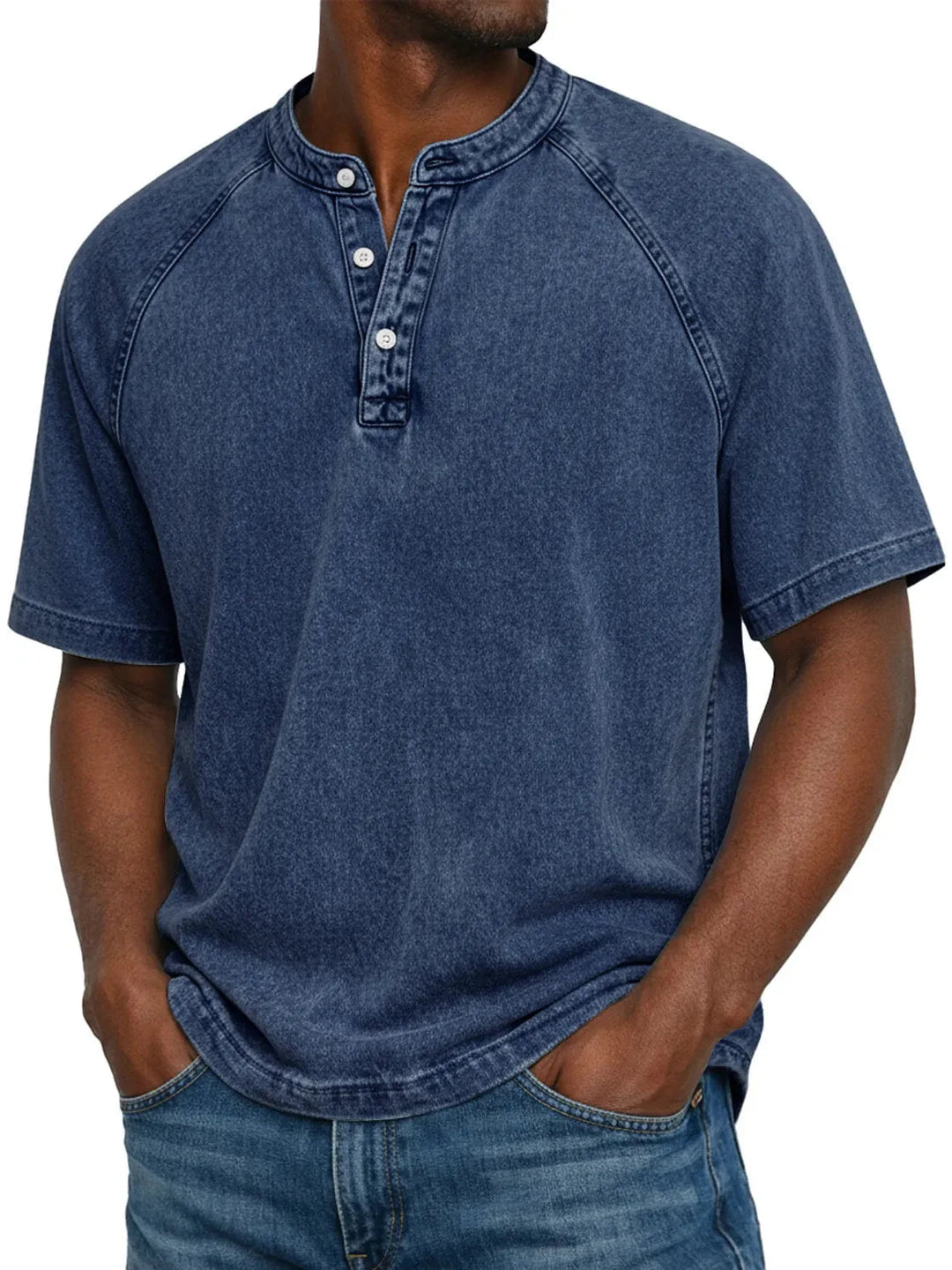 Men's short-sleeved casual T-shirt with raglan sleeves in washed Henley style