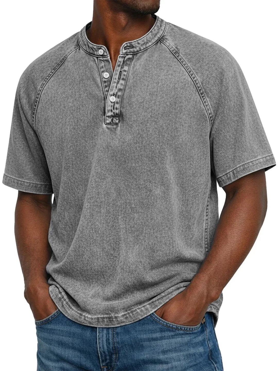 Men's short-sleeved casual T-shirt with raglan sleeves in washed Henley style