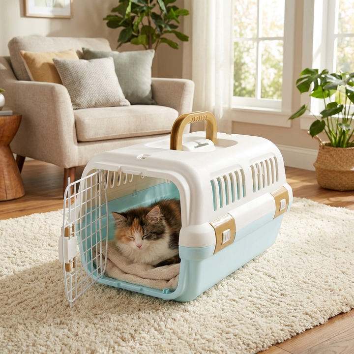 Lockable / Breathable Cat Carrier with Feeding Bowl & Base Pad