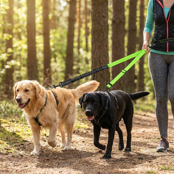 Dual Dog Lead with Shock Absorbing Bungee and No-Tangle Design
