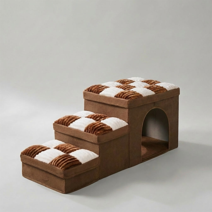 Chessboard Handcrafted Dog Steps with Storage & Condo