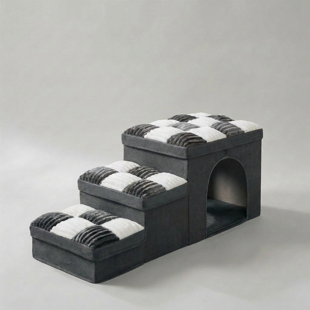 Chessboard Handcrafted Dog Steps with Storage & Condo