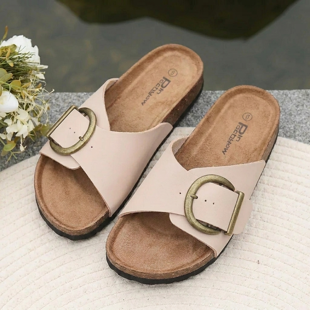 Open-Toe Slide Sandal With Buckle Detail
