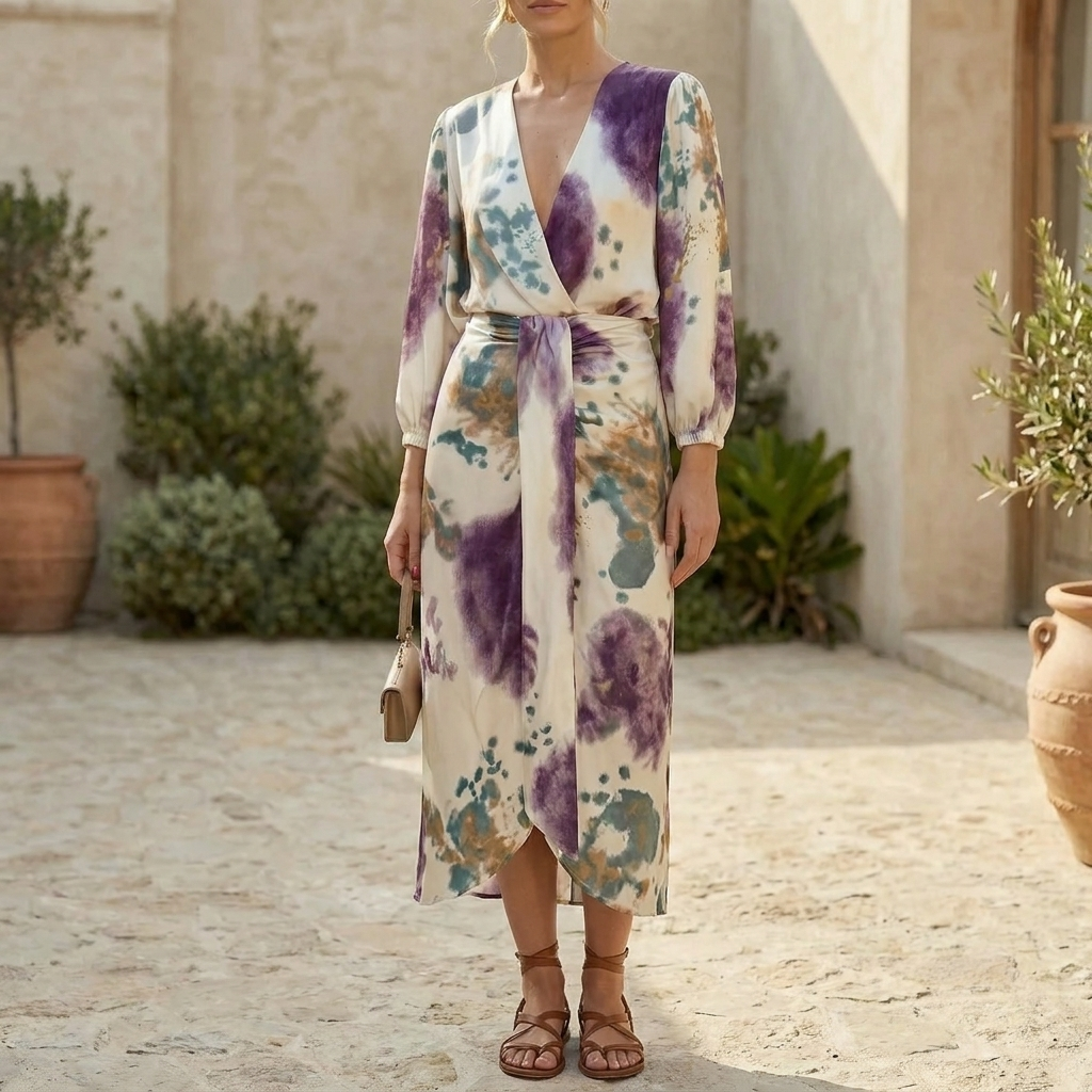 Long-Sleeve Wrap Dress With Tie Waist