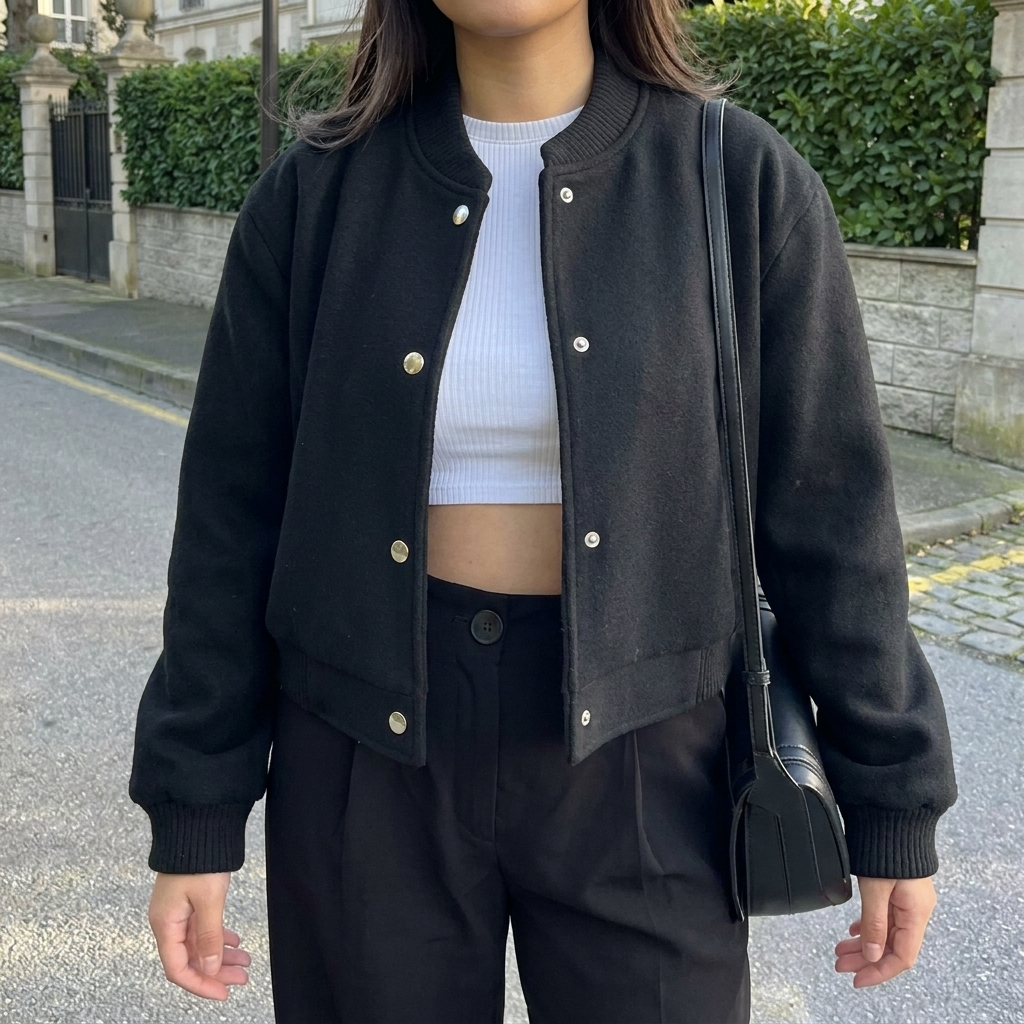 Cropped Button‑Front Bomber Jacket