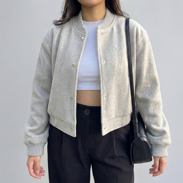 Cropped Button‑Front Bomber Jacket