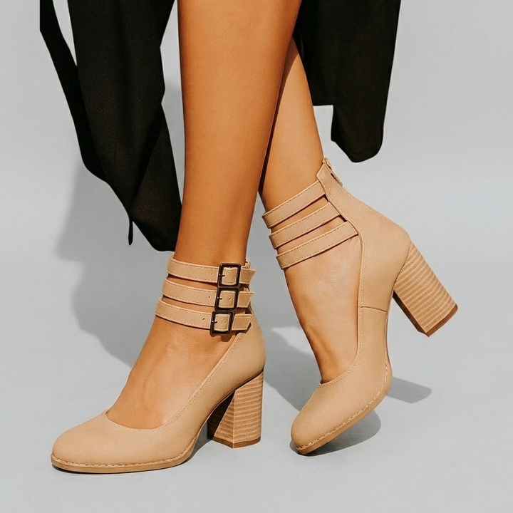 Closed‑Toe Buckle Strap Block Heels