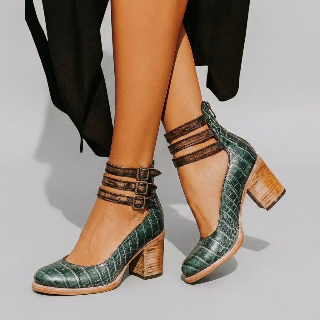 Closed‑Toe Buckle Strap Block Heels