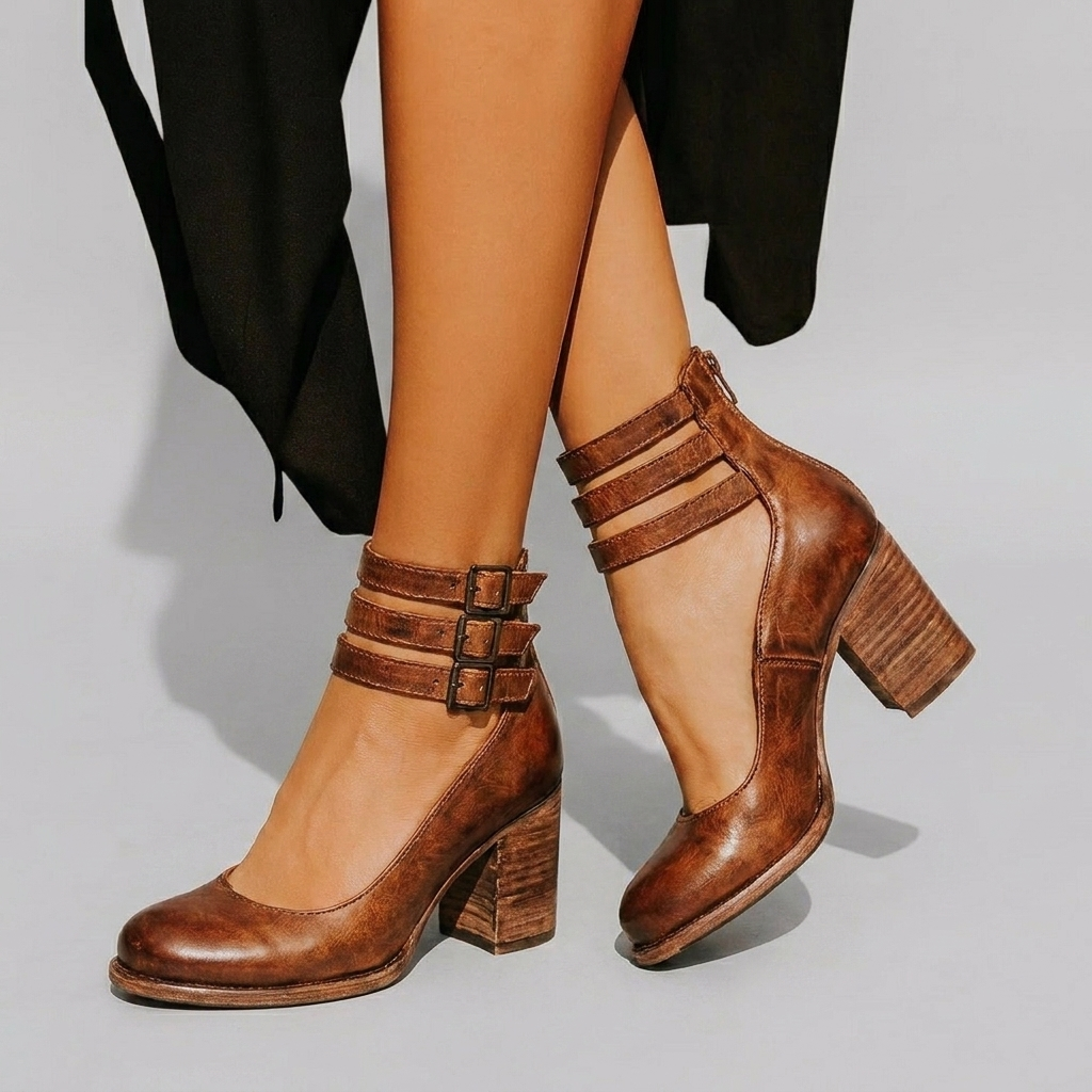 Closed‑Toe Buckle Strap Block Heels