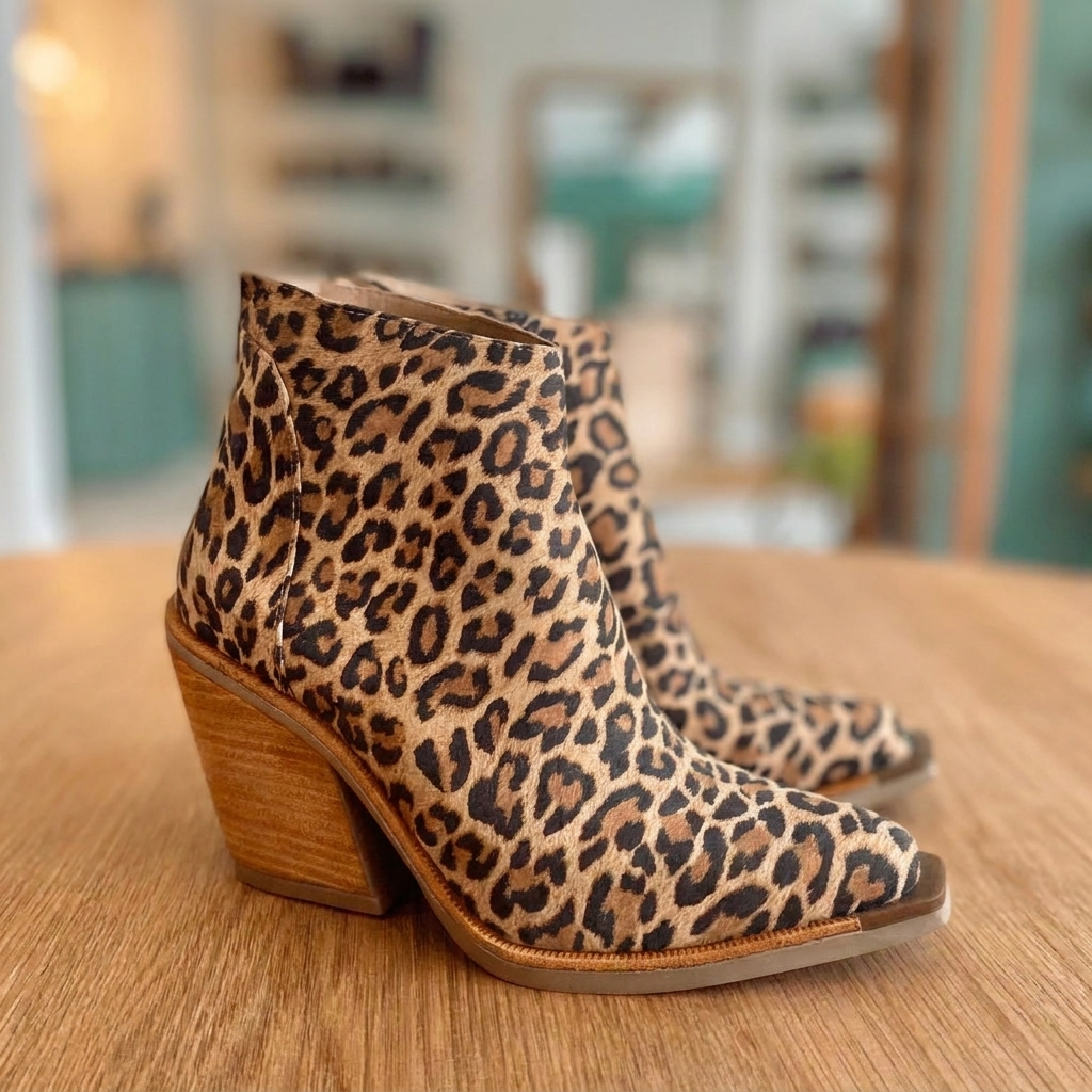 Panther‑Print Block Heel Ankle Boots