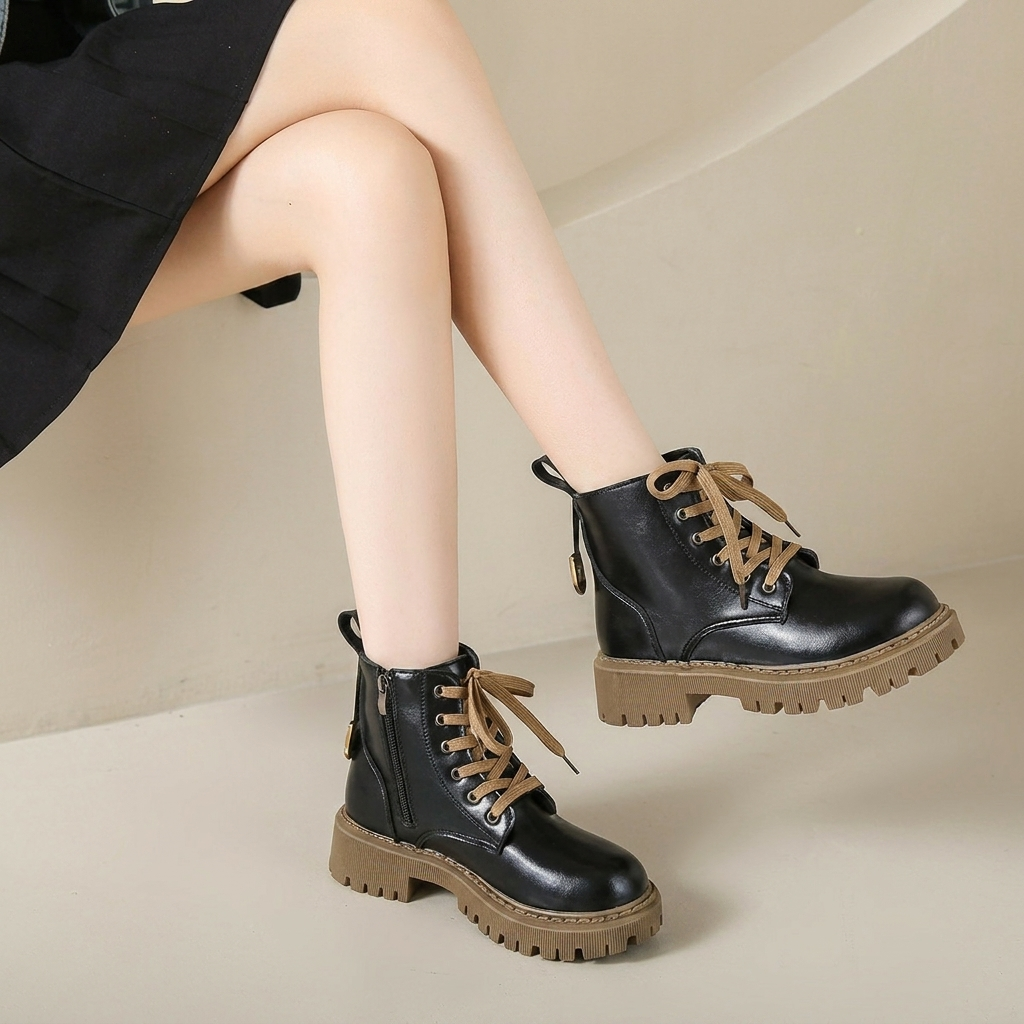 Lace‑Up Ankle Boots with Lug Sole & Side Zip