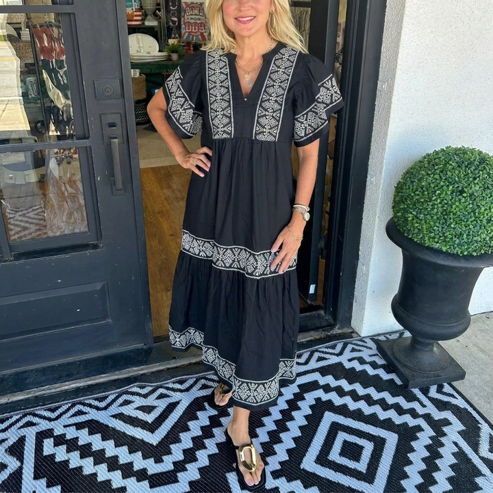 Breezy V‑Neck Boho Midi Dress