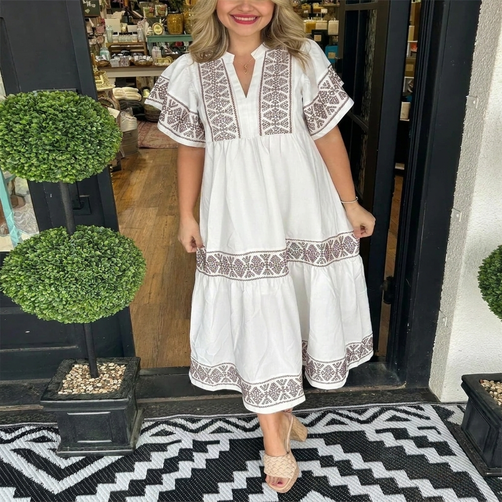 Breezy V‑Neck Boho Midi Dress