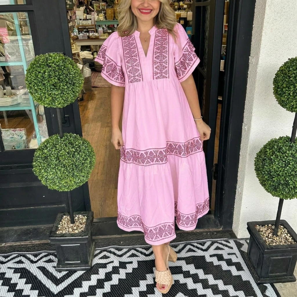 Breezy V‑Neck Boho Midi Dress