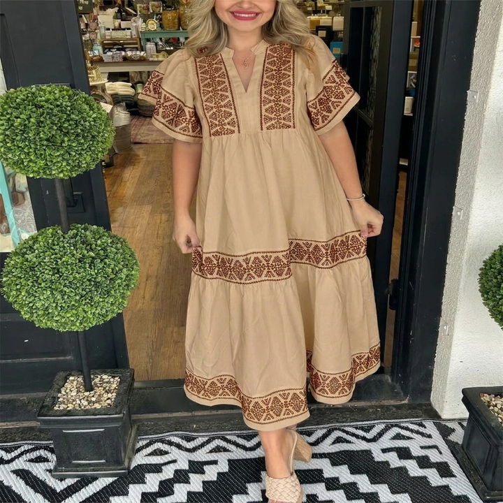 Breezy V‑Neck Boho Midi Dress