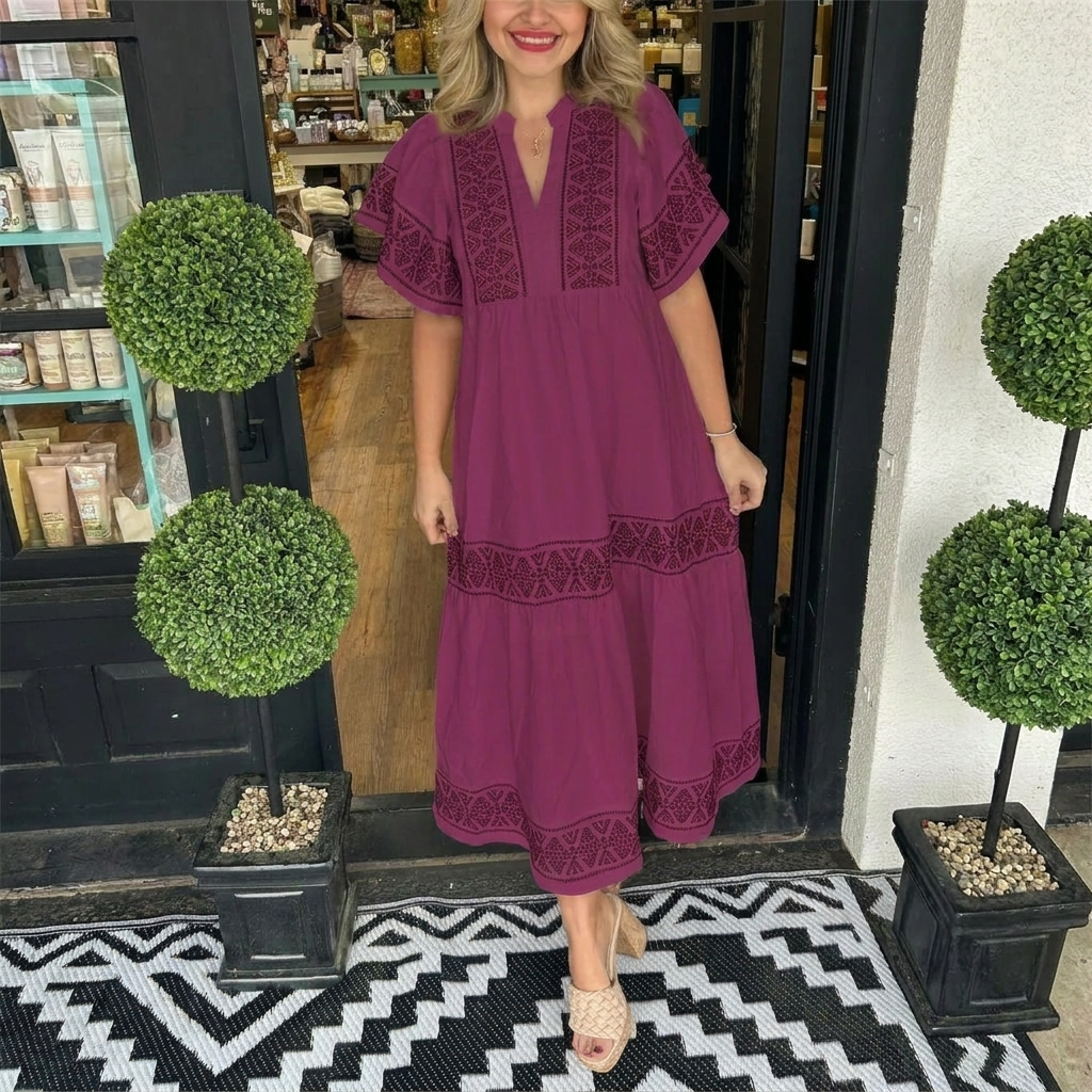 Breezy V‑Neck Boho Midi Dress
