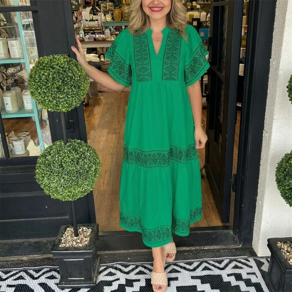 Breezy V‑Neck Boho Midi Dress