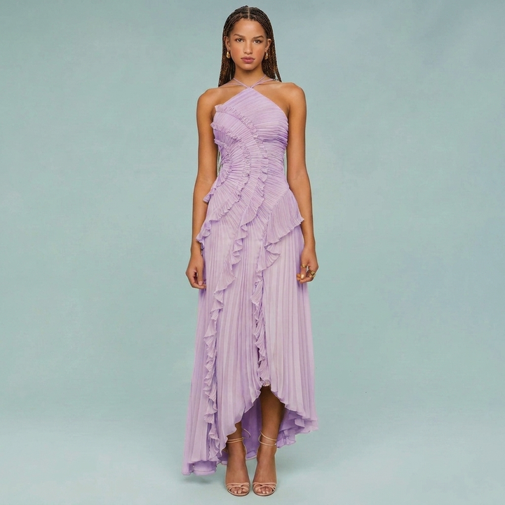 Ruffled Pleated Halterneck Dress