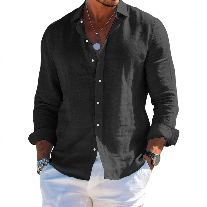 Men's Solid-Colored Lapel Beach Long-Sleeve Shirt