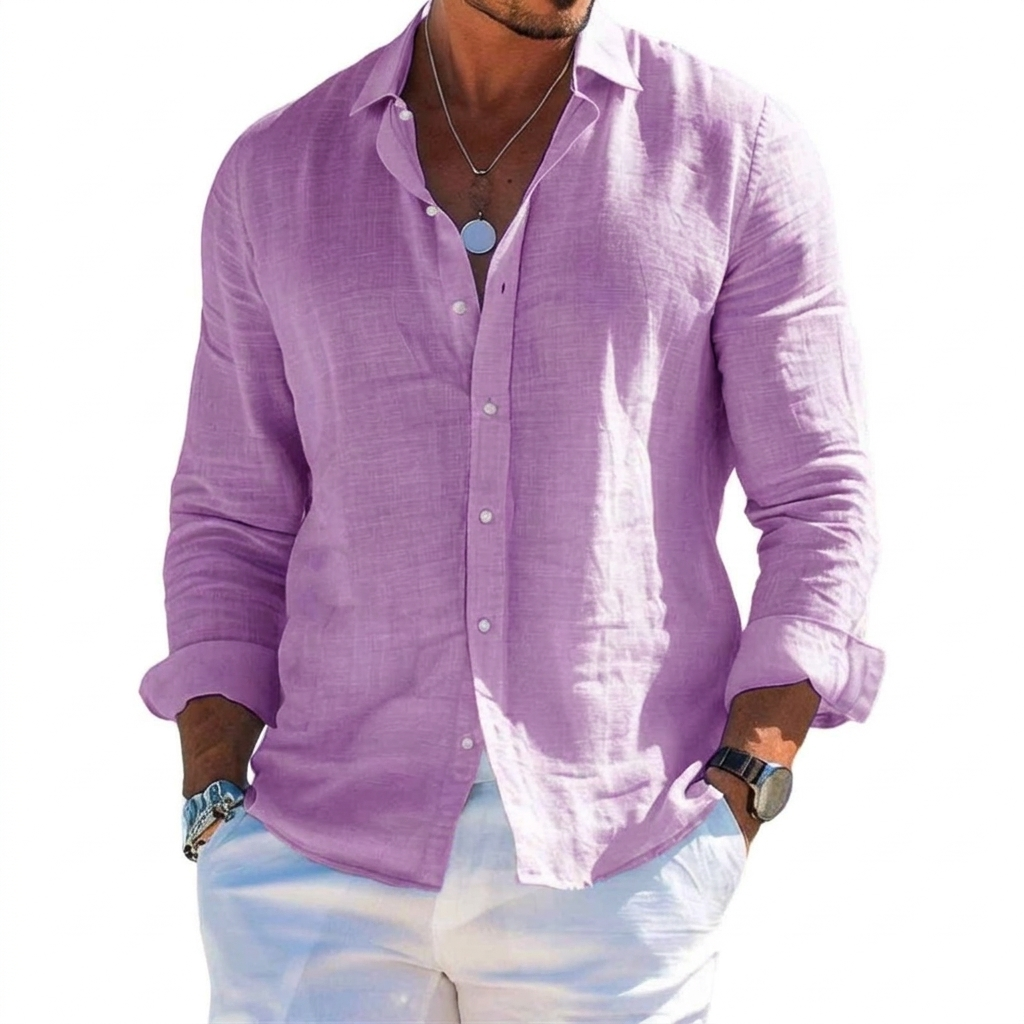 Men's Solid-Colored Lapel Beach Long-Sleeve Shirt