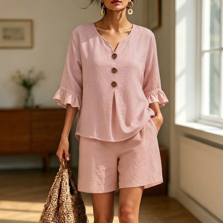Women’s Ruffle Trim V-Neck Two Piece Shorts Set