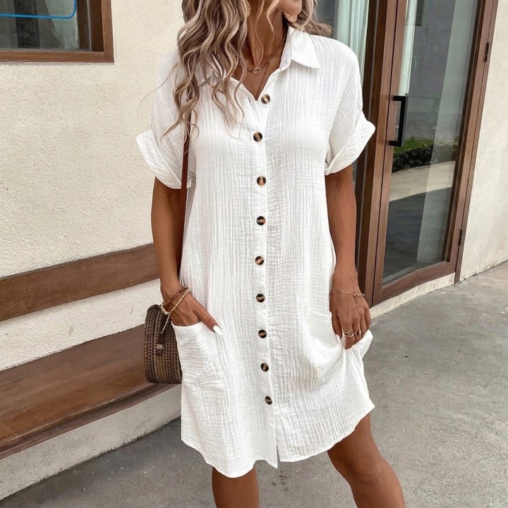 Summer Simplicity V-neck Buttons Cotton Linen Women's Shirt Dress