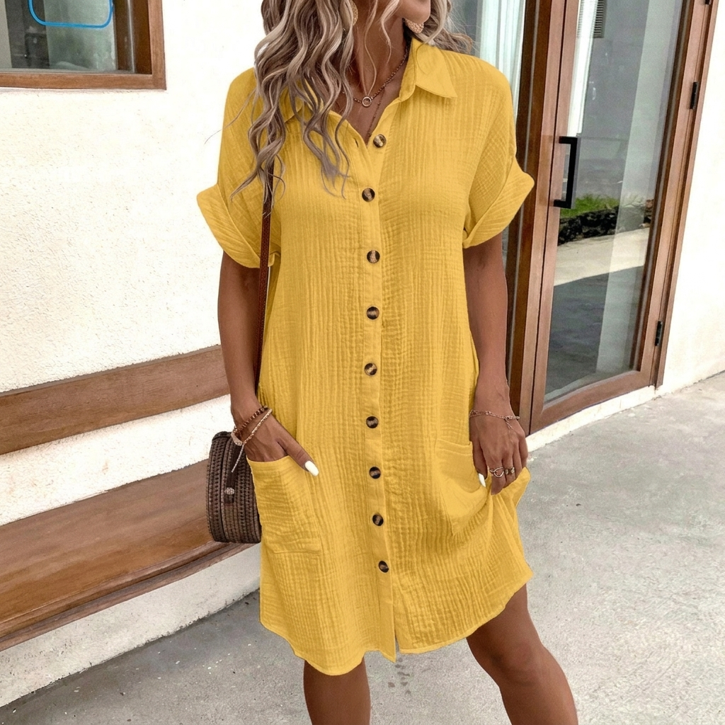Summer Simplicity V-neck Buttons Cotton Linen Women's Shirt Dress