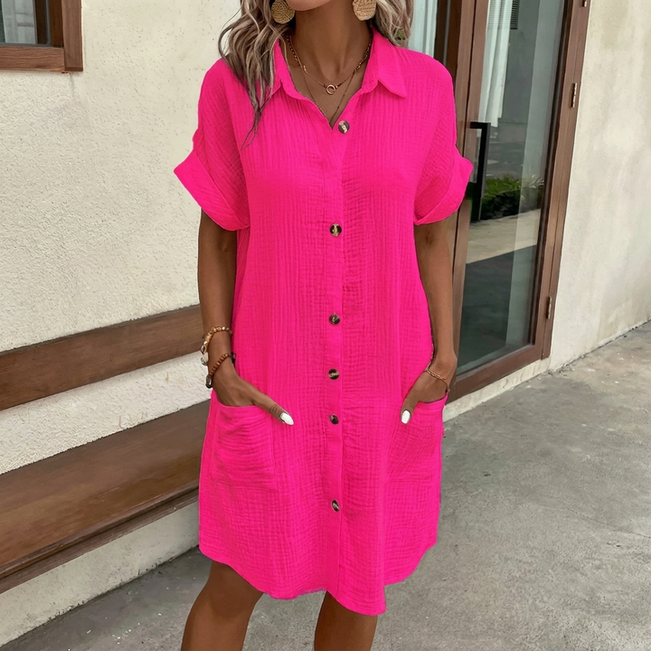 Summer Simplicity V-neck Buttons Cotton Linen Women's Shirt Dress